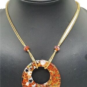 Murano Glass Lava Necklace with a Round Pendant and Multi-Color Pattern 18”